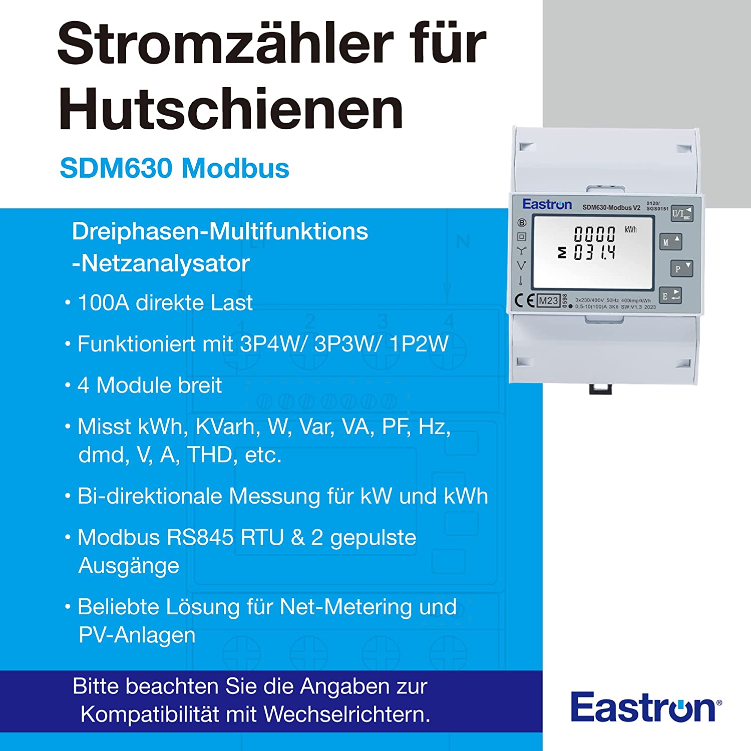 EASTRON SDM630 Stromverbrauchsmesser - 1 oder 3 Phasen Stromzähler, Energiemessgerät, Modbus RS485 RTU